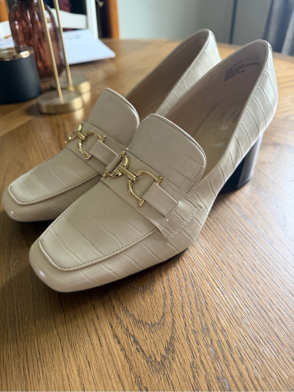 Liz Claiborne Croc-Embossed Block Heel Loafers in Cream